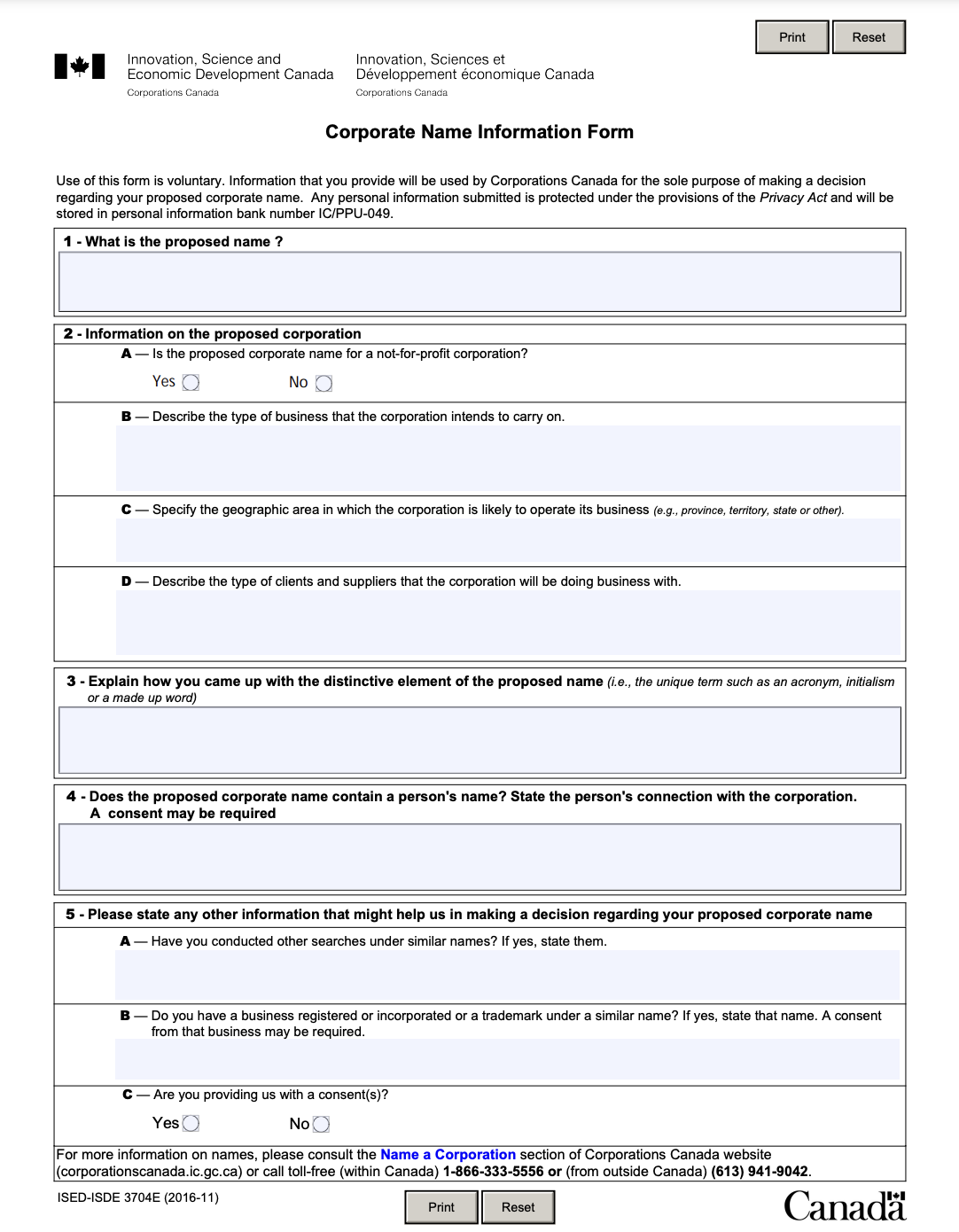 Corporate Name Information Form