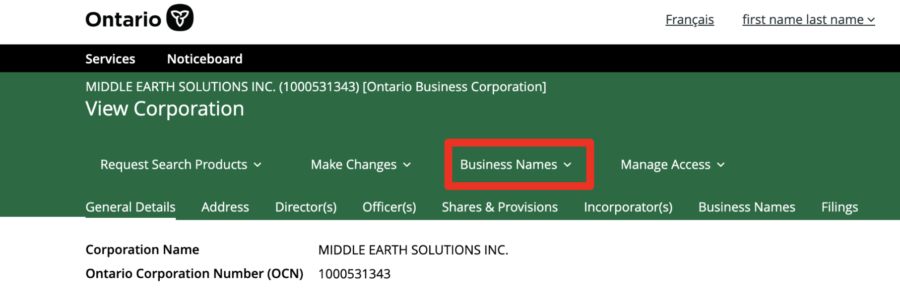 Manage a Corporation - Business Names