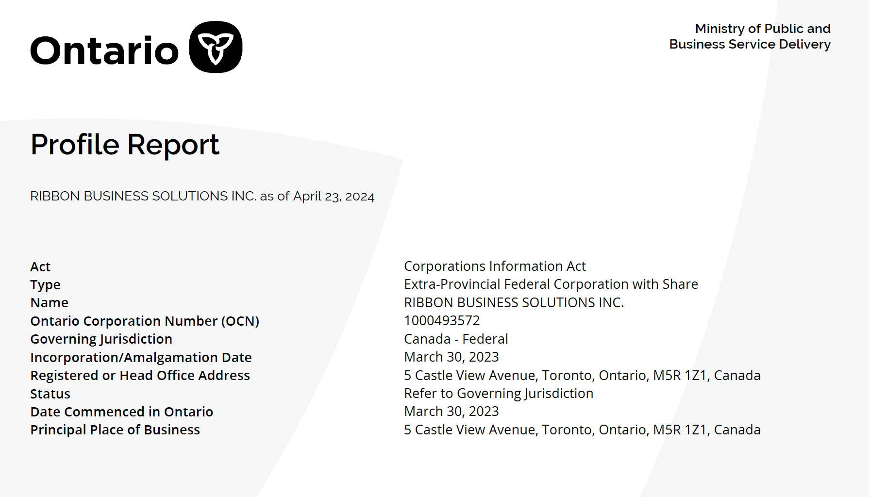 Ontario Extra-Provincial Registration - Profile Report - part 1