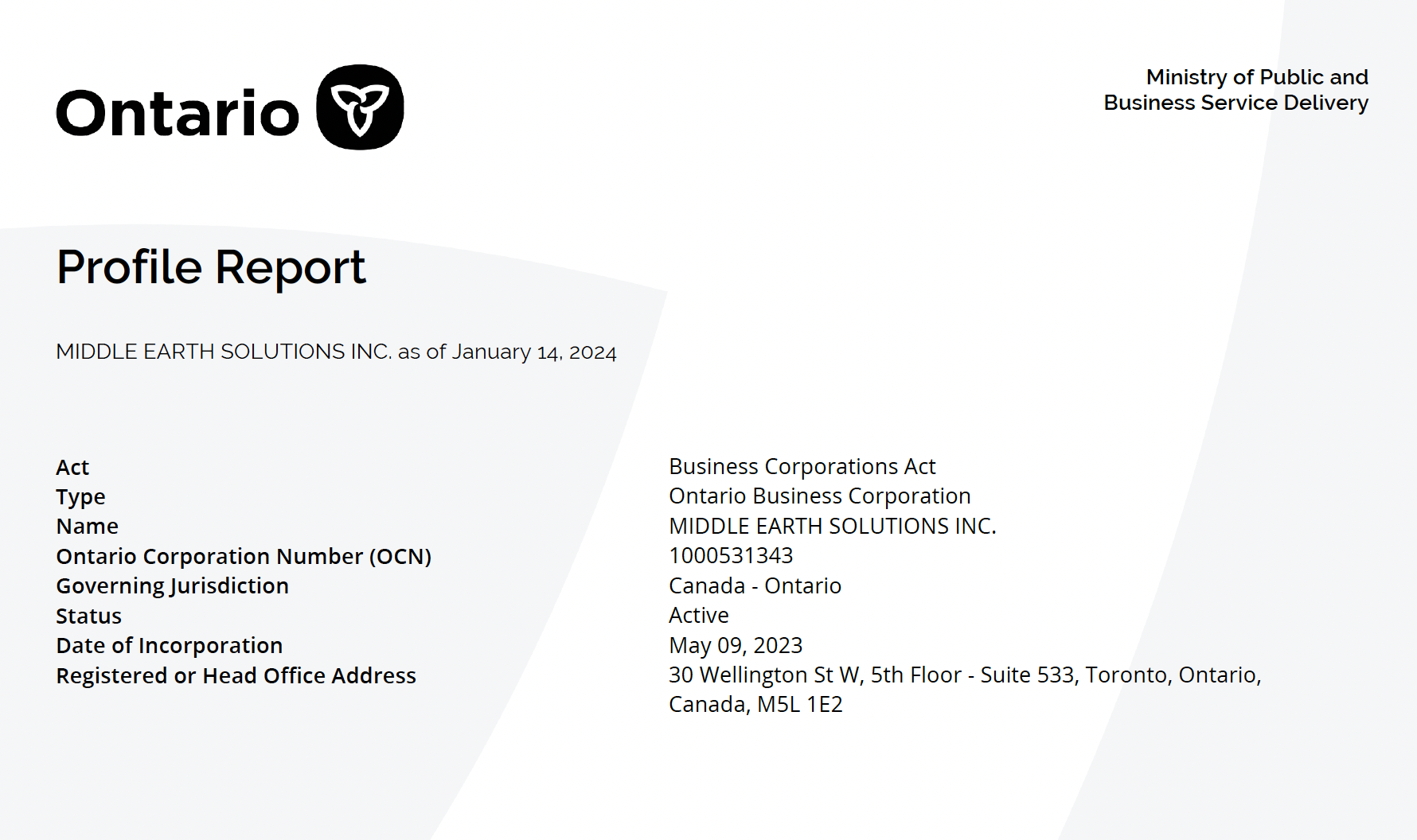 Ontario Corporation Information - Profile Report - part 1