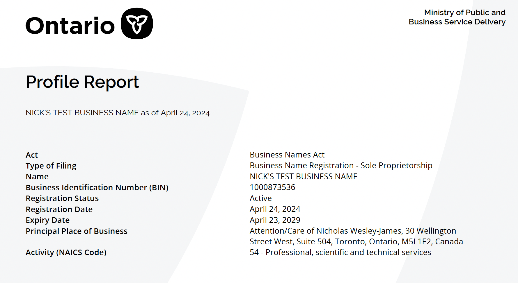 Ontario Sole-Proprietorship Information - Profile Report - part 1