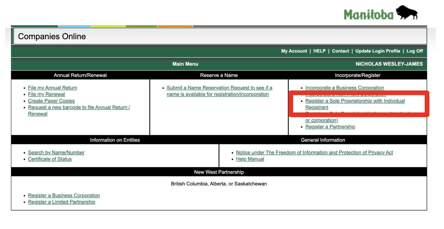 Register Name Manitoba